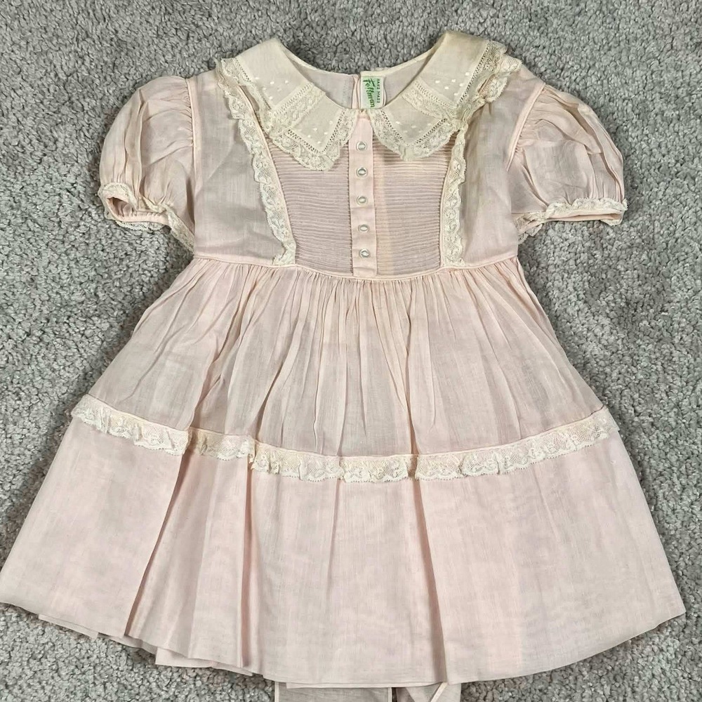 Vintage Feltman Bros Dress Kids 12-18M Pink Hand Made Lace Peter Pan Collar Sash